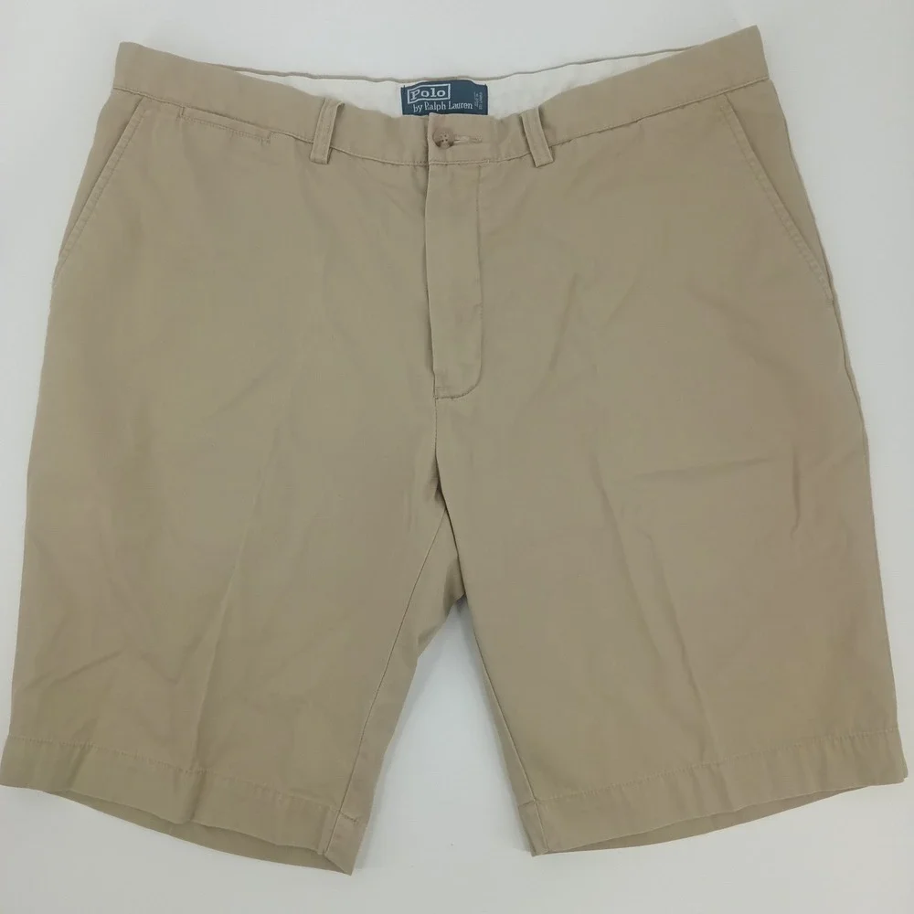 Polo Ralph Lauren Mens 38 Khaki Chino Shorts Cotton Twill Flat Front Pony Logo